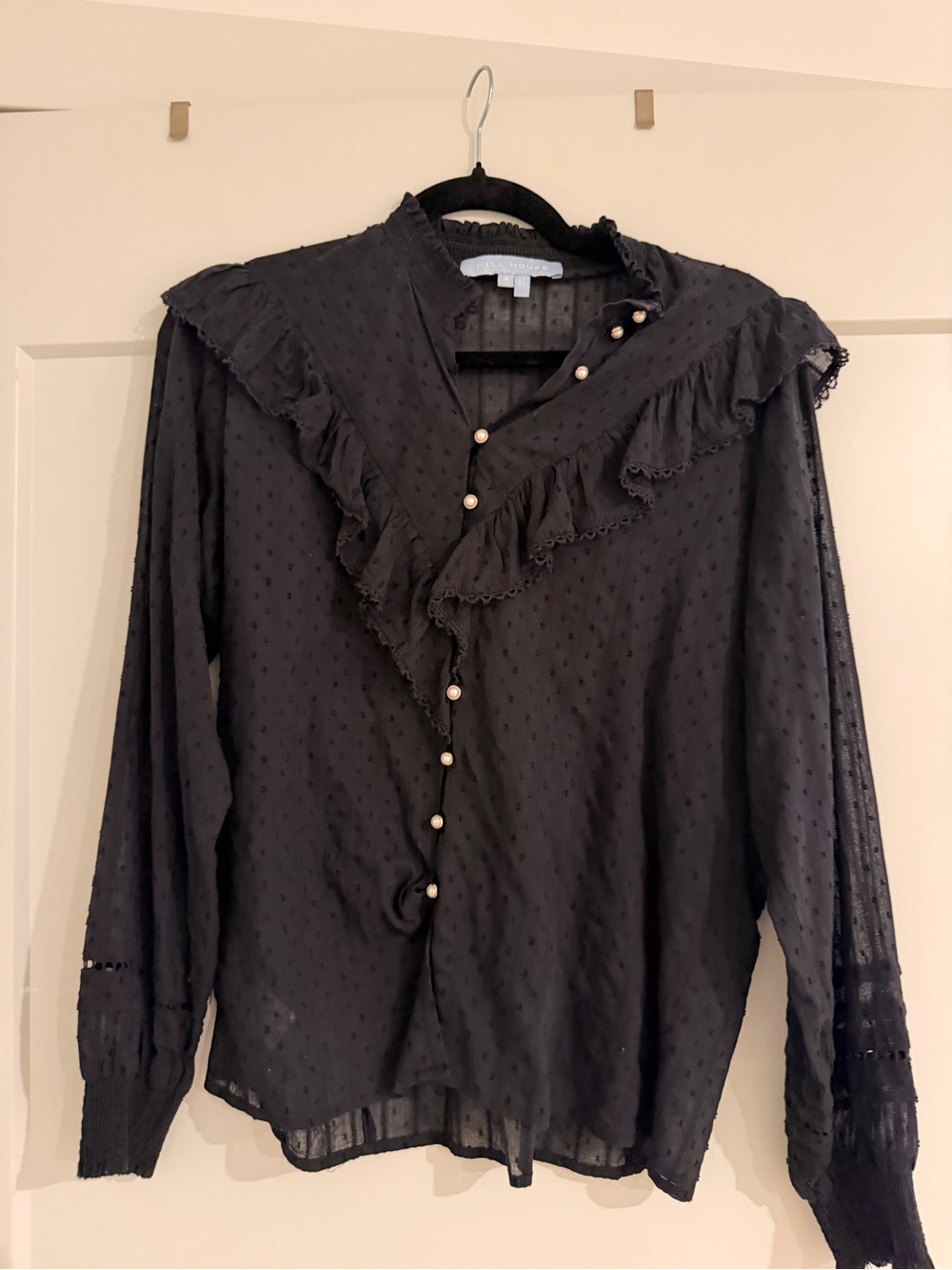 Black Ruffle-Trim Semi-Sheer Blouse with Pearl Buttons